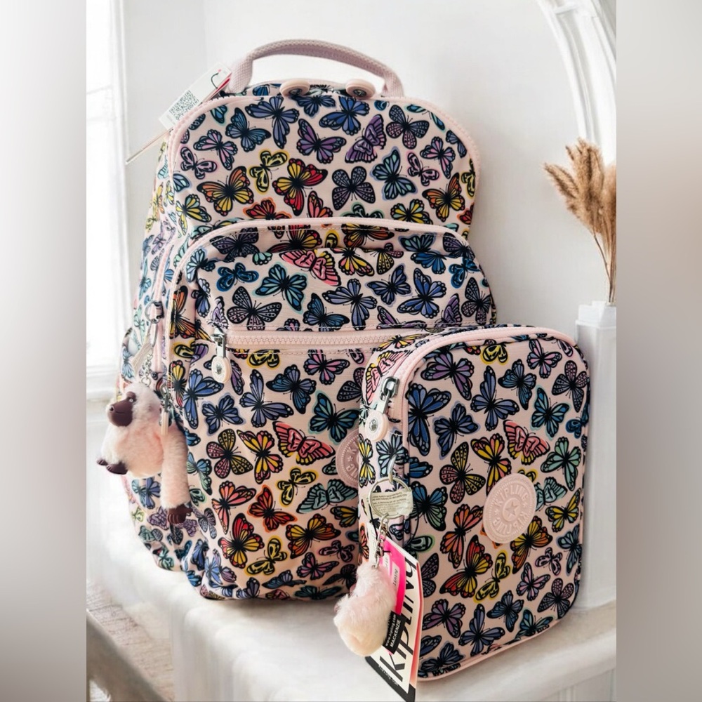 Kipling Seoul Large 15" Laptop Backpack & 100 Pencil Case Butterfly Day
